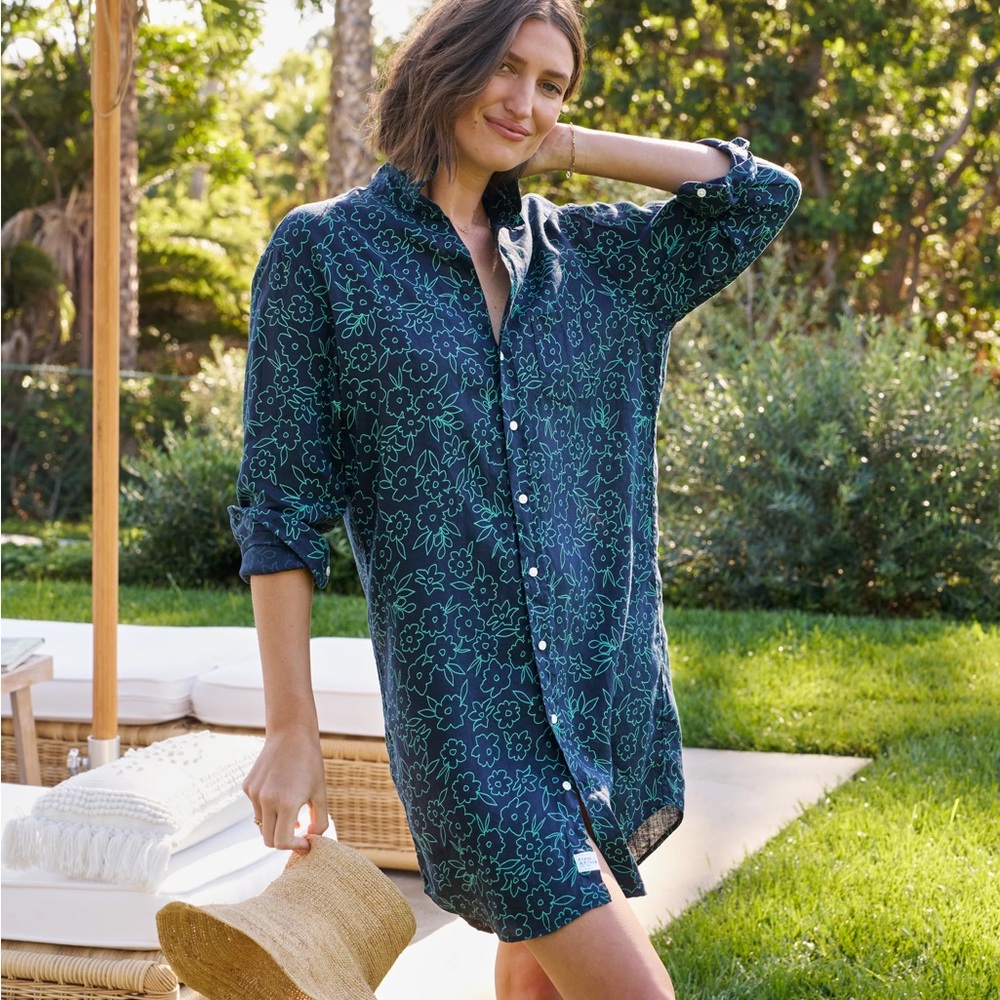 Frank & Eileen Mary Shirtdress Navy with Green Floral Classic Linen XXS